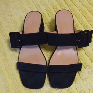 Ann Taylor SZ 8, Black, Faux Suede Slides with Square Toe Design and Side Buckle